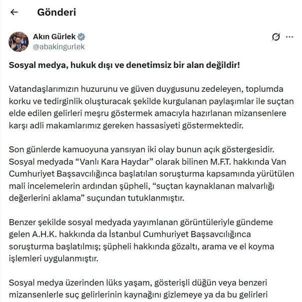 Bakan Gürlek: Sanal şöhret, suçun gizlenmesine perde olamayacaktır
