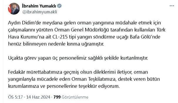 Aydında yangın söndürme uçağının burun kısmı su aldığı Bafa Gölüne battı; 3 personel kurtarıldı