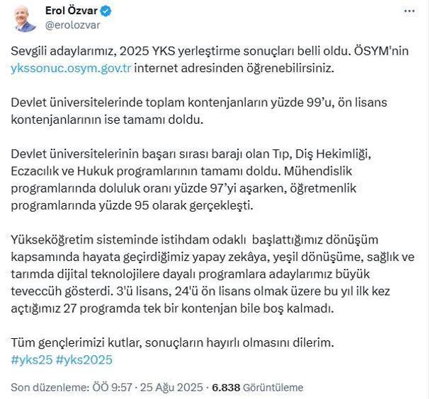 2025-YKS yerleştirme sonuçları açıklandı