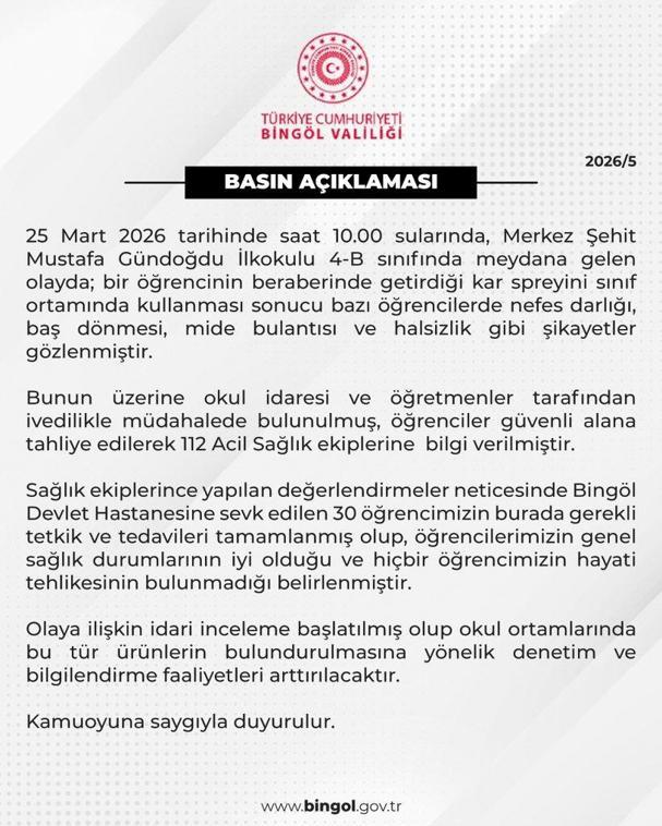 Sınıfta sıkılan kar spreyinden etkilenen 30 öğrenci hastaneye kaldırıldı