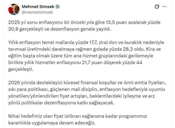 Bakan Şimşek: Dezenflasyon genele yayıldı