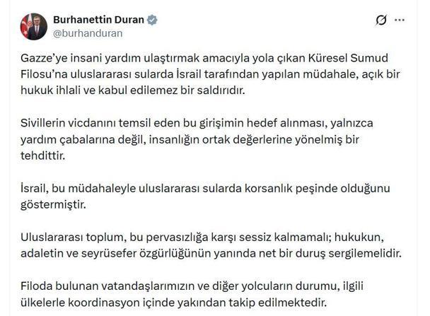 İletişim Başkanı Duran: Küresel Sumud Filosuna yapılan müdahale, açık bir hukuk ihlalidir