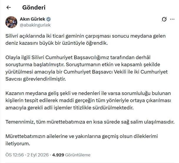 Bakan Gürlek: Silivrideki gemi kazasıyla ilgili soruşturma başlatıldı
