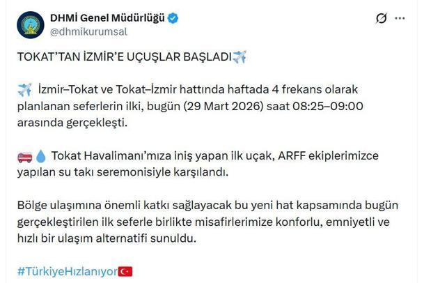 Tokattan İzmire uçuşlar başladı