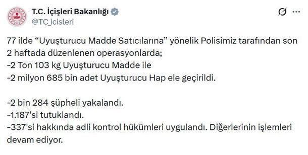 77 ilde uyuşturucu operasyonu: 1187 tutuklama