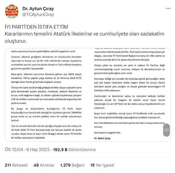 İYİ Partili Çıray, partisinden istifa etti