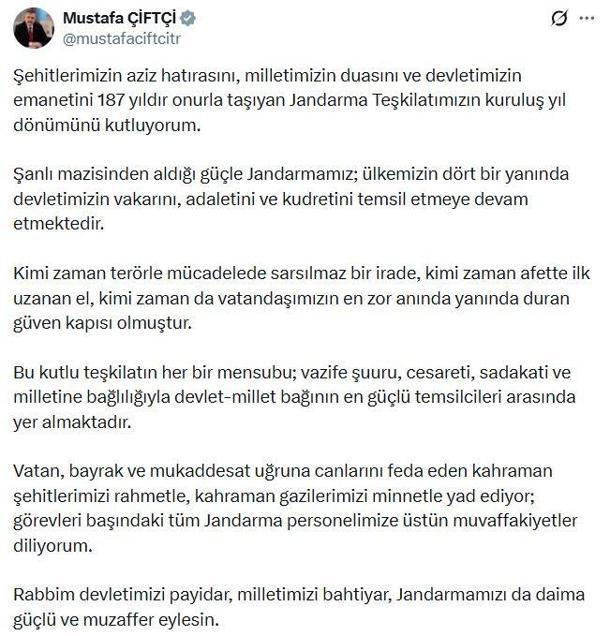 Bakan Çiftçi, Jandarma Teşkilatının kuruluş yıl dönümünü kutladı