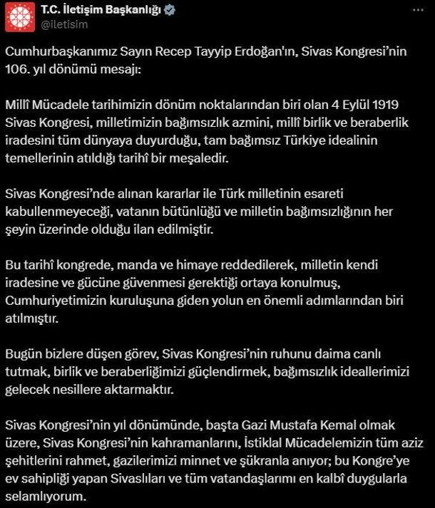 Cumhurbaşkanı Erdoğandan Sivas Kongresi mesajı