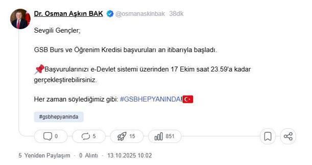 Bakan Bak: 2025-2026 eğitim öğretim dönemi için burs/kredi başvuruları başladı