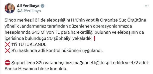 Sinop merkezli 6 ilde suç örgütü operasyonu: 11 tutuklama