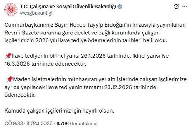 Bakanlık: Kamu işçilerinin ilave tediye ödeme tarihleri belli oldu
