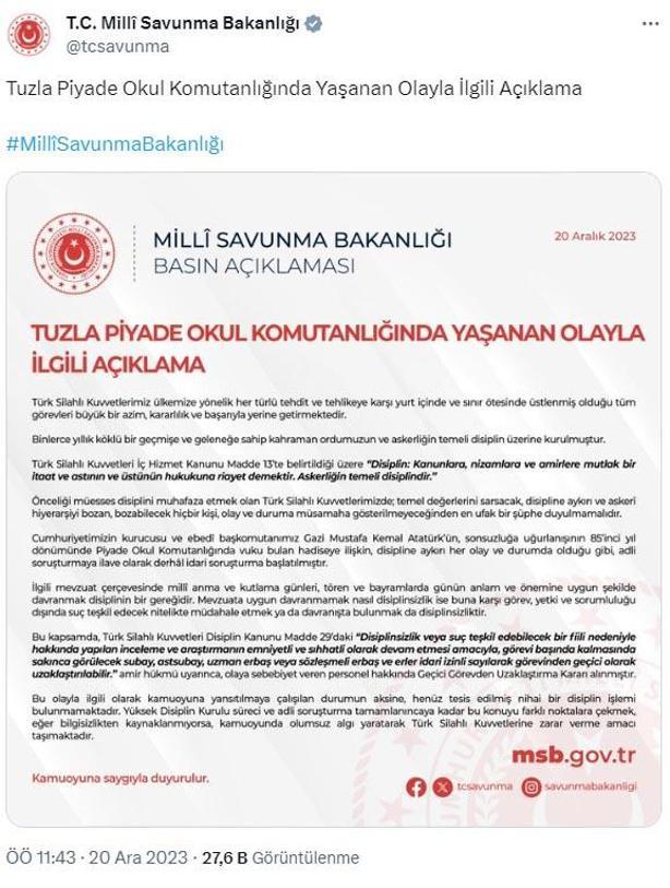 MSBden Tuzla Piyade Okulu açıklaması; henüz disiplin işlemi uygulanmamıştır