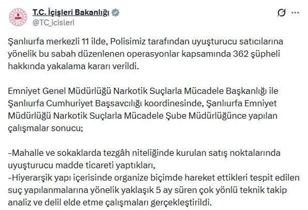 Şanlıurfa merkezli 11 ilde uyuşturucu operasyonu: 362 yakalama kararı
