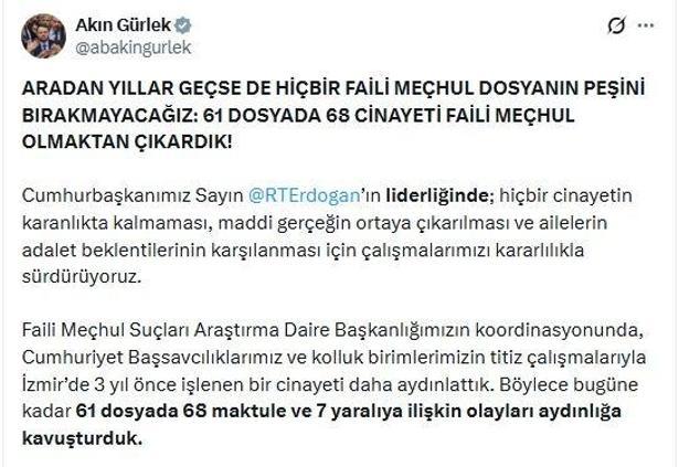 Bakan Gürlek: 68 cinayeti faili meçhul olmaktan çıkardık