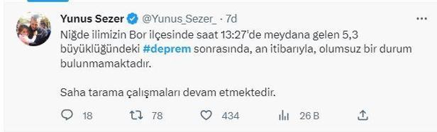 Niğdede 5.3 büyüklüğünde deprem