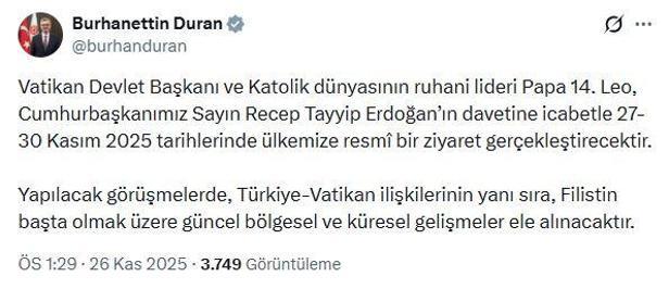 Papa 14üncü Leo, Türkiyeye geliyor