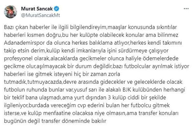 Murat Sancak’tan Yusuf Sarı açıklaması: Ederini bulan her futbolcu gitmek isterse niye olmasın