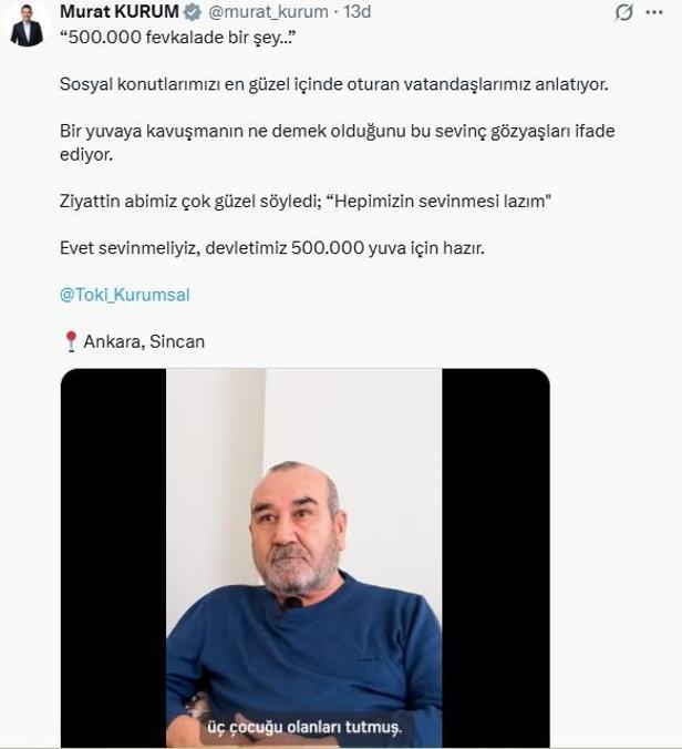 Bakan Kurumdan sosyal konut paylaşımı: Devletimiz 500 bin yuva için hazır