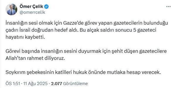 AK Partili Çelikten, İsrailin saldırısında ölen 5 gazeteci için taziye mesajı