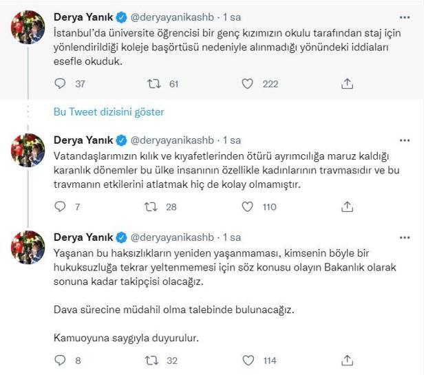 Bakan Yanıktan, başörtüsü nedeniyle staja kabul edilmeyen öğrenci için açıklama