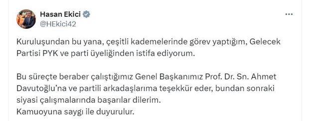 Konya Milletvekili Hasan Ekici, Gelecek Partisinden istifa etti