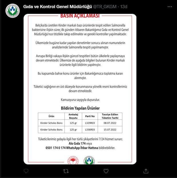 Bakanlık: Türkiyedeki Kinder markalı ürünlerde bakteriye rastlanmadı