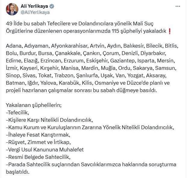 49 ilde mali suç örgütlerine operasyon: 115 gözaltı