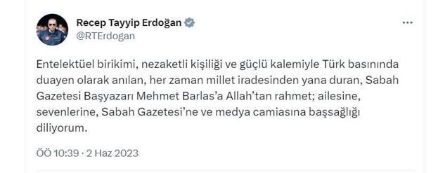 Cumhurbaşkanı Erdoğandan gazeteci Barlas için taziye
