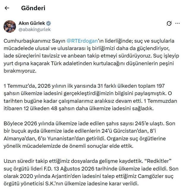 Bakan Gürlek: 2026 yılında ülkemize iade edilen şahıs sayısı 245e ulaştı