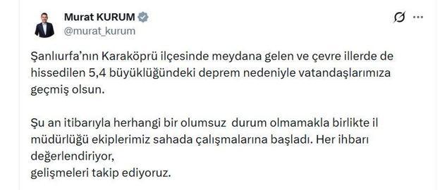 Şanlıurfa’da 5.4 büyüklüğünde deprem