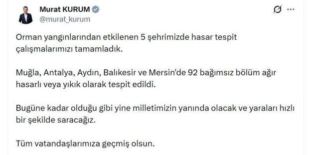 Orman yangınından etkilenen 5 ilde hasar tespit çalışmaları tamamlandı