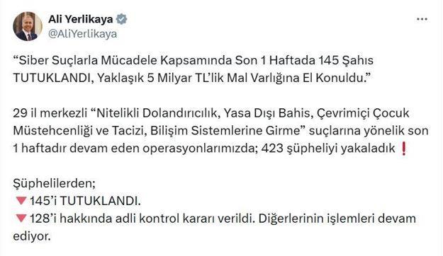 52 ilde siber suçlara yönelik operasyon; 145 tutuklama