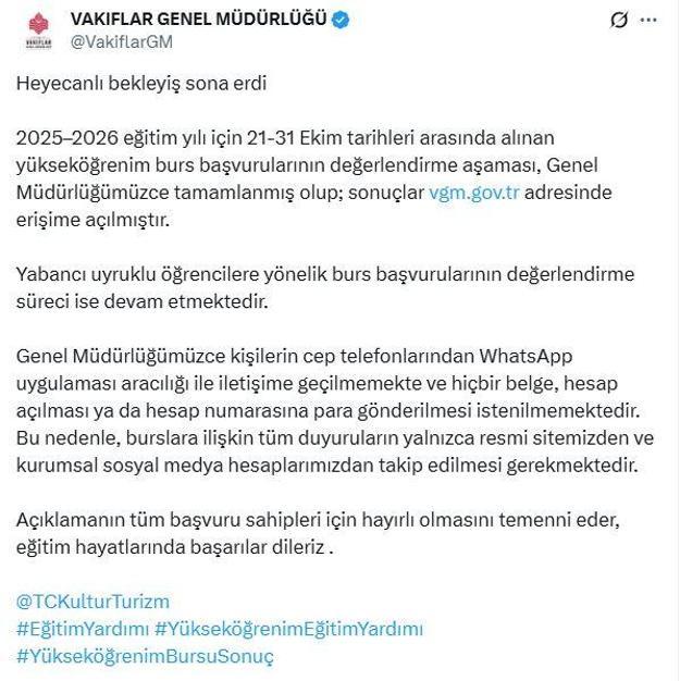 Vakıflar Genel Müdürlüğü burs sonuçları açıklandı
