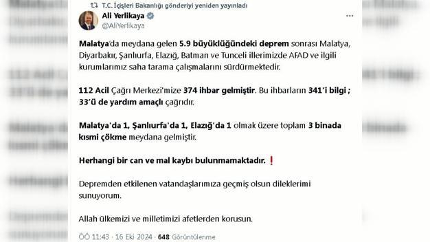 Malatyada 5.9 büyüklüğünde deprem