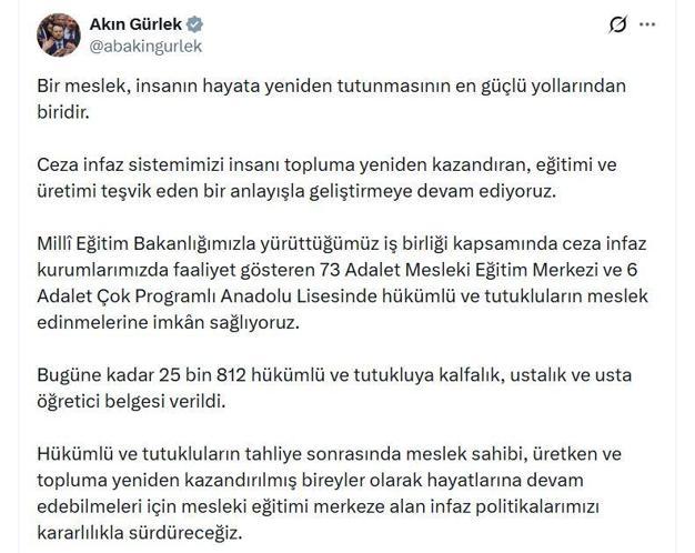 25 bin 812 hükümlü ve tutukluya kalfalık, ustalık ve usta öğretici belgesi verildi