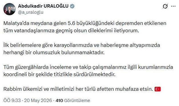 Malatyada 5.6 büyüklüğünde deprem