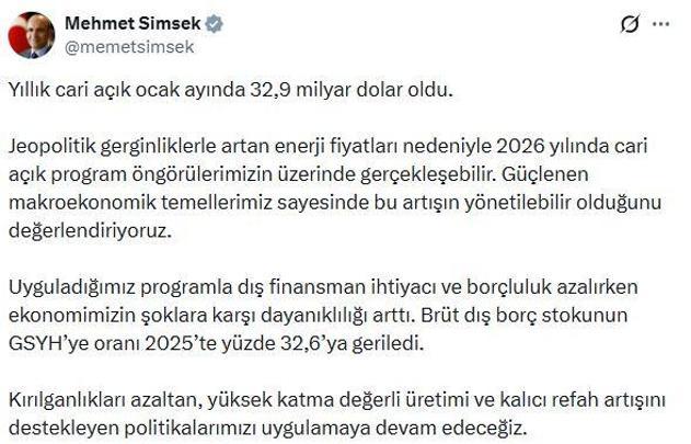 Bakan Şimşekden cari açık açıklaması