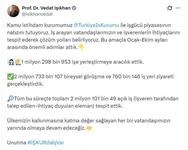 Bakan Işıkhan: 1 milyon 298 bin 953 işe yerleştirmeye aracılık ettik