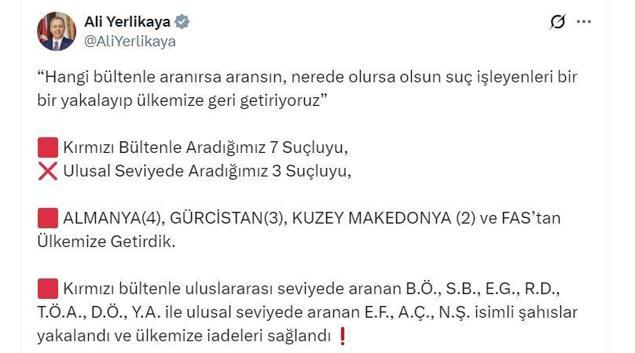 Kırmızı bültenle ve ulusal seviyede aranan 10 suçlu Türkiyeye getirildi