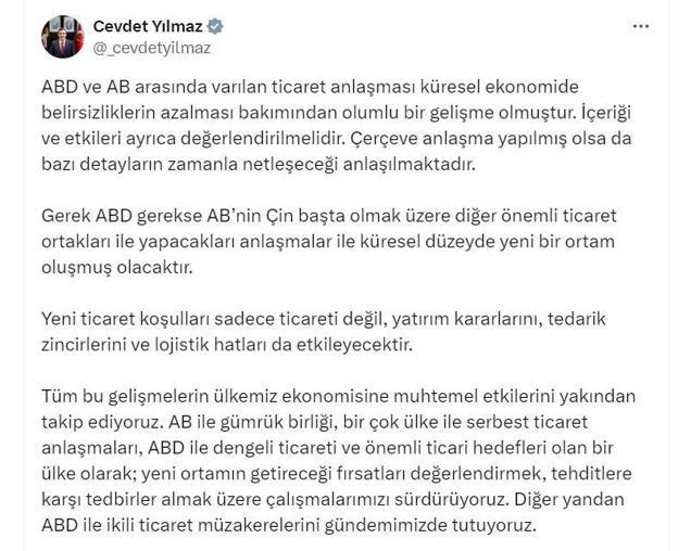 Cevdet Yılmaz: ABD ve AB arasında varılan ticaret anlaşması olumlu