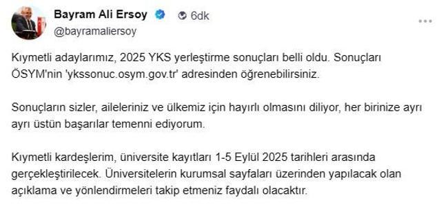 2025-YKS yerleştirme sonuçları açıklandı