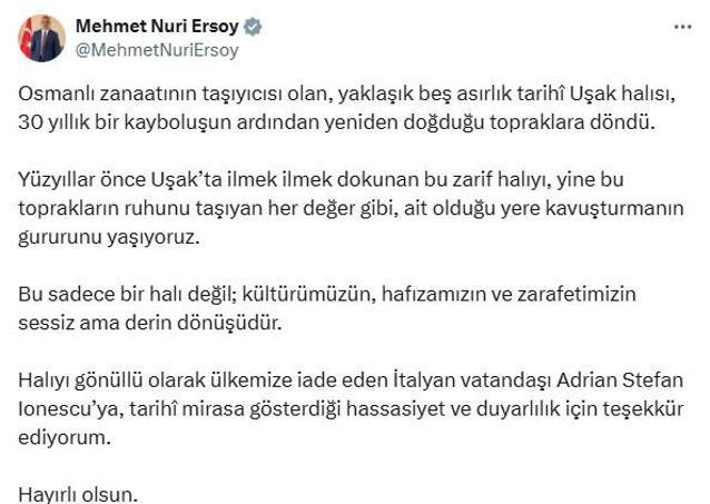 5 asırlık Uşak halısı, 30 yıl sonra Türkiyeye iade edildi