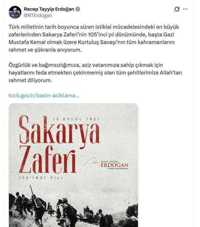 Cumhurbaşkanı Erdoğandan Sakarya Zaferinin 105inci yıl dönümü mesajı