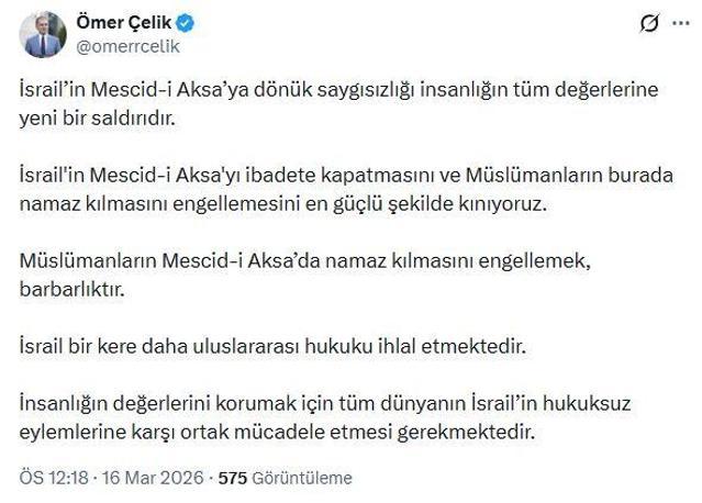 AK Partili Çelik: İsrailin Mescid-i Aksayı ibadete kapatmasını kınıyoruz