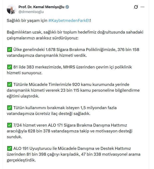 Bakan Memişoğlu: Tütün kullanımını bırakmak isteyen 1,5 milyondan fazla kişiye ücretsiz ilaç desteği sağladık