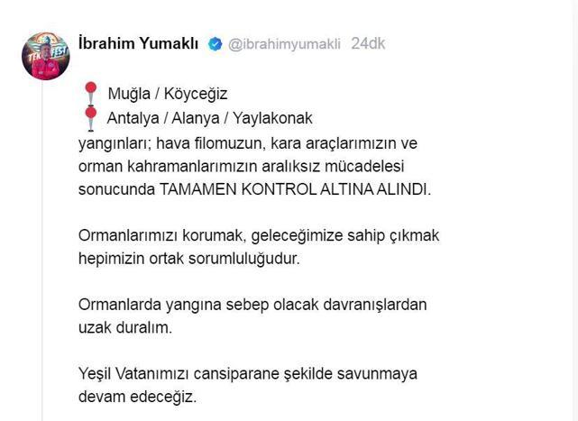 Bakan Yumaklı: Muğla ve Antalyadaki orman yangınları kontrol altına alındı