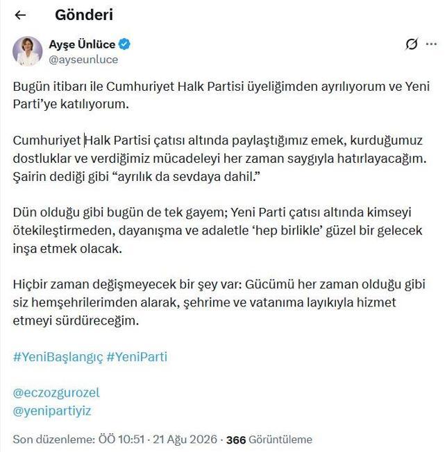Eskişehir Büyükşehir Belediye Başkanı Ünlüce, Yeni Partiye geçti