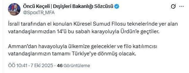Dışişleri Bakanlığı Sözcüsü Keçeli: İsrailde tutulan 14 vatandaşımız Ürdüne geçti