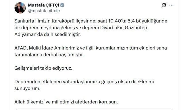 Şanlıurfa’da 5.4 büyüklüğünde deprem