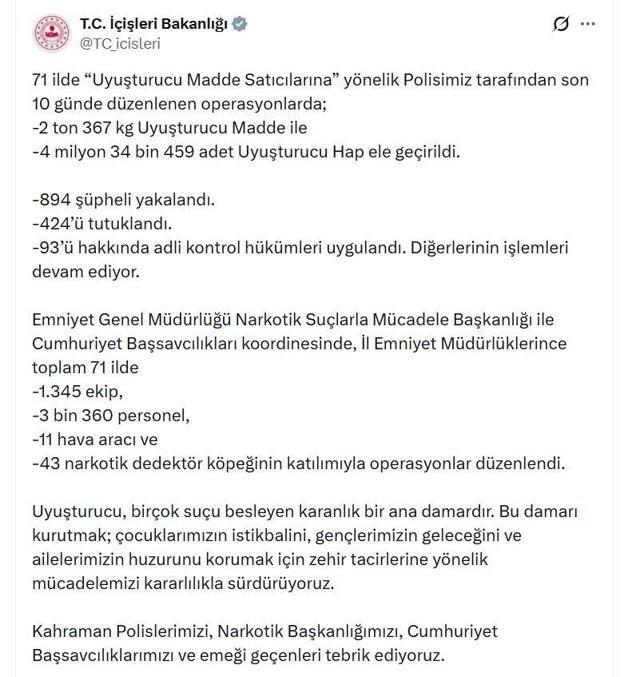 71 ilde uyuşturucu operasyonu; 424 tutuklama
